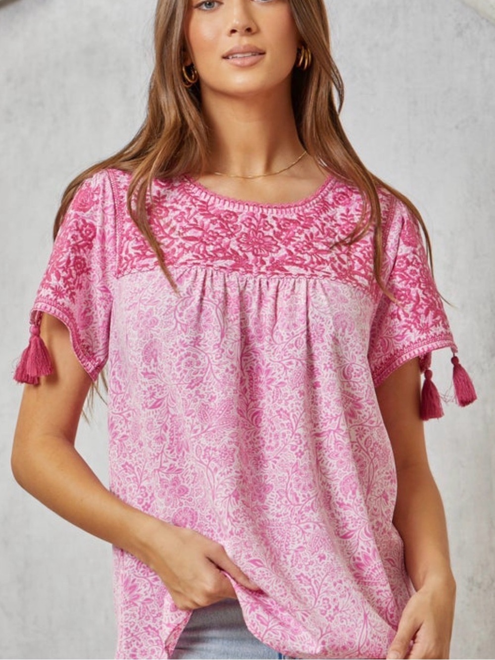 Savanna Jane Pink Embroidered Tassel Boho Tunic - Size L